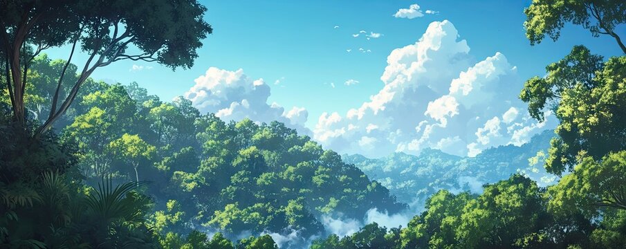 Lush anime-style tropical valley with dense green jungle, towering mountains, and bright blue sky with fluffy clouds
