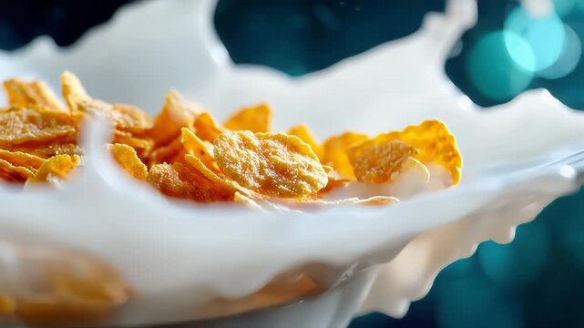 Crispy golden cornflakes splashing dramatically in fresh milk with dynamic motion and bright lighting