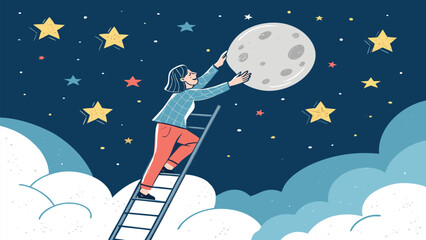 Reach for the stars and moon! Woman climbs ladder toward success, achieving dreams in a celestial sky full of wonder, hope, and inspiration, ambition