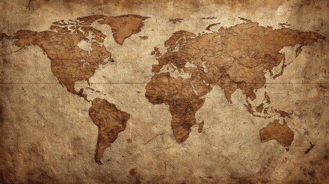 Stunning photo of antique world map on old paper with a vintage and aged appearance.