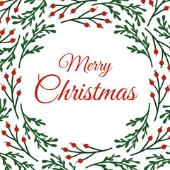 Christmas card with green branch and red berry. Festive circular border with greeting text on a white background in flat style.