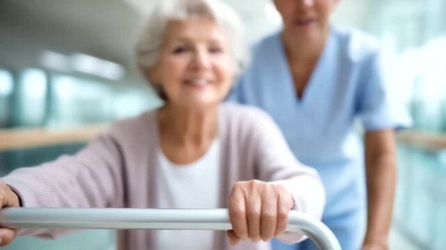 Nurse helping senior with walker defocused safe walking, faceless elderly care, mobility visualization detail, blurred clinic background, physical recovery concept, caregiver inter
