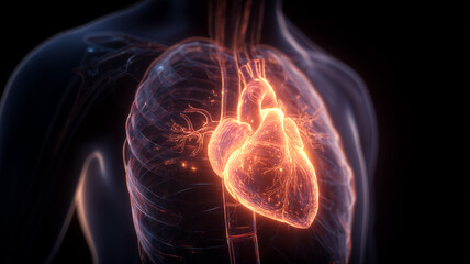 Scientific depiction of a human chest revealing a luminous heart and vessels to illustrate cardiac anatomy, cardiovascular health, medical diagnostics and prevention of heart disease.
