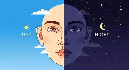 Split Face Illustrating Day and Night Contrast.