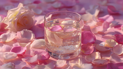 Pink rose petal glass collagen water soft light romantic spa wellness hydration delicate floral beauty