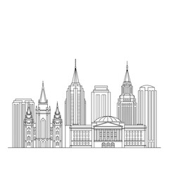 Obraz premium City skyline illustration with various architectural styles in outline 