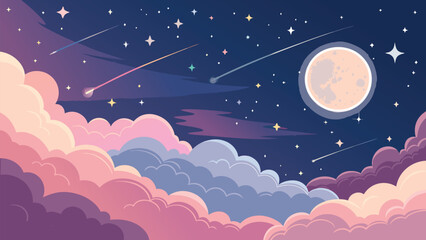 Dreamy nightscape with moon, stars, and shooting stars for storybooks and fantasy projects, perfect for children's illustrations and whimsical designs