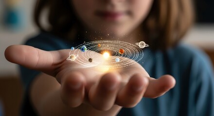 Childs open palm holding glowing digital network of abstract data and information