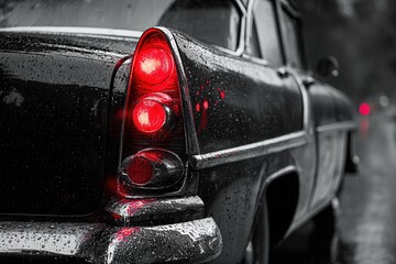 Selective color of a vintage black car with glowing red taillights under the rain