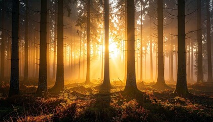 Sunlight streams through the trees in a misty forest, creating a magical atmosphere with golden light and shadows.
