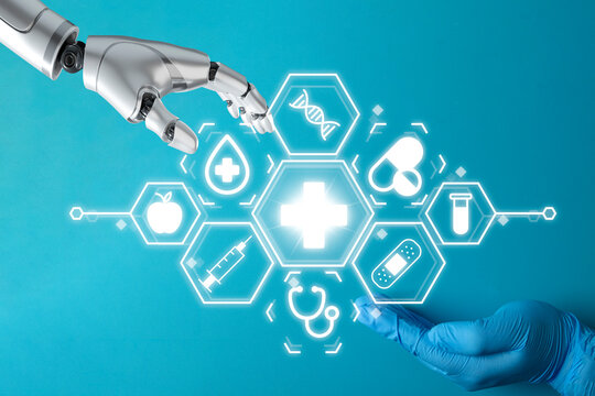 AI in healthcare concept. Robot hand and human doctor collaborating with virtual medical icons. Futuristic medicine, digital health, and medical technology innovation.