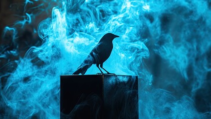 Naklejka premium A black cube with blue smoke flowing around it, with a bird perched on top of the box