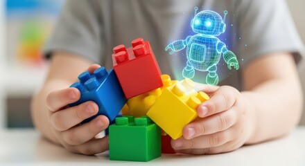 Child s hands holding colorful building blocks with a holographic robot emerging