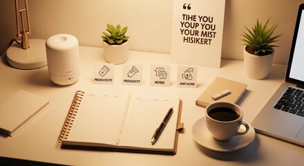 Cozy home office desk with laptop, coffee, and an open notebook for a productive morning routine and remote work