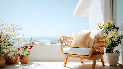 Obraz premium Minimal balcony with bamboo chair, cushion, potted plant, white wall, and sea view, creating peaceful and relaxing outdoor atmosphere