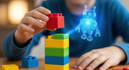 Child s hands building with colorful toy blocks and a holographic robot