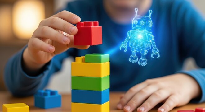 Child s hands building with colorful toy blocks and a holographic robot
