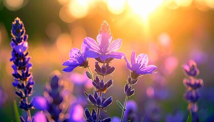 A close-up view of purple lavender and other delicate purple flowers illuminated by the warm glow of the sun.