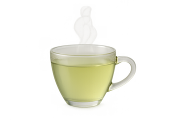 Hot green tea steaming in clear glass cup offering healthy herbal beverage refreshment on transparent background