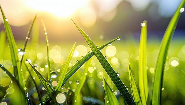 Macro shot of vibrant green grass covered in sparkling dew drops, illuminated by the soft glow of the rising sun. - Powered by Adobe