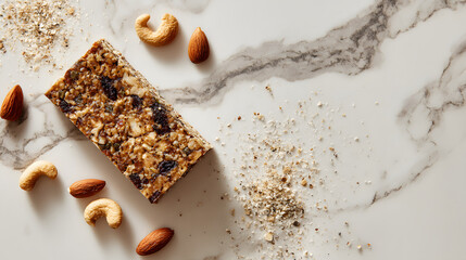Vegan energy bar with nuts and oats on marble surface, wholesome snack and natural ingredients evoking warm comfort