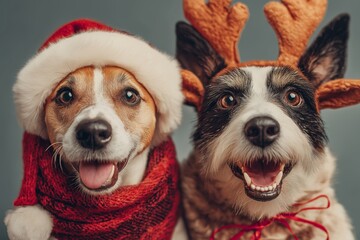 Portraits of dogs wearing reindeer antler headbands and New Year's hats. Christmas tree decorations and garlands are nearby. The pre-New Year bustle.