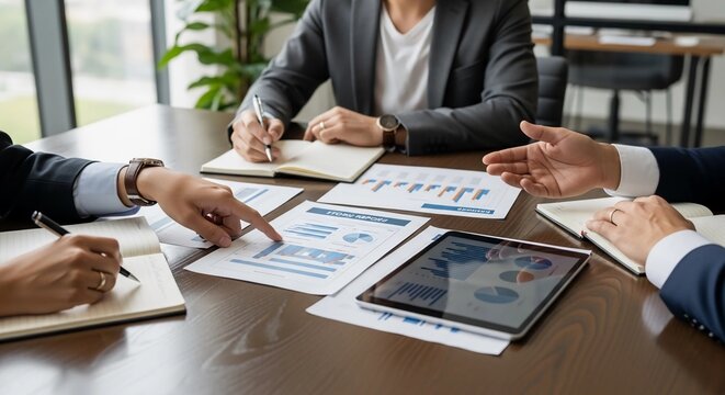 Professional business team collaborating in a meeting, analyzing financial charts and data for strategic planning