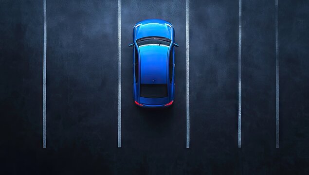 A blue car in an empty parking lot, aerial view, minimalistic, dark background