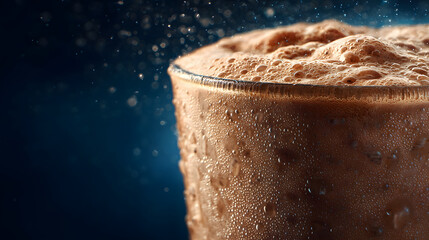 Chocolate protein shake in condensation glass with froth and droplets, refreshing and energizing drink closeup