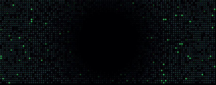 Green pixel matrix background rhomb pattern with cyber glow particles texture for digital data, blockchain, cybersecurity, tech, fit banner, header, UI. Modern geometric grid BG. Vector illustration