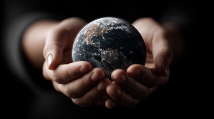 earth planet in female hands on black background, environment and ecology concept