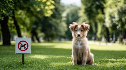 No dogs allowed sign and cute dog sitting on the lawn in city park