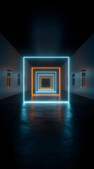 Futuristic corridor neon light glowing tunnel geometric square modern art immersive installation sci fi mood moody glow symmetry abstract
