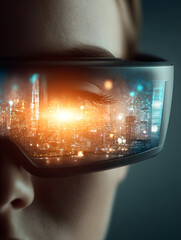Augmented reality smart glasses city skyline hologram future tech mixed reality urban night digital overlay neon light immersive view