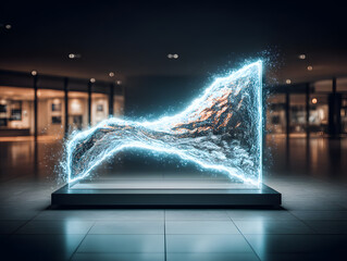 Holographic light sculpture projection mapping fluid form abstract wave neon glow digital art futuristic installation immersive mood