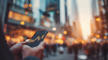 Hands holding a smartphone displaying stock market charts against a bustling city backdrop at dusk — symbolizing finance, trading, and urban connectivity.