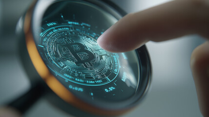 Human finger pointing at a magnified bitcoin symbol on a digital interface, illustrating cryptocurrency analysis, blockchain transparency and modern financial innovation.