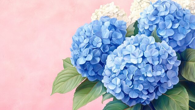 A delicate digital illustration of hydrangea flowers in soft blue and white hues, set against a light peach background - Powered by Adobe