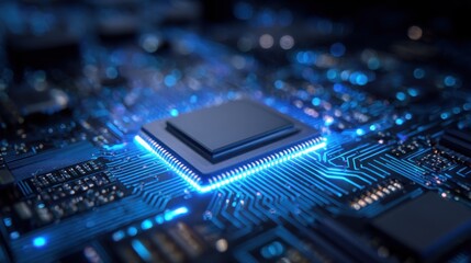 Stunning photo of concept CPU microchip for ai and data network. Close-up view of modern chip gpu card with circuit blue neon lights.