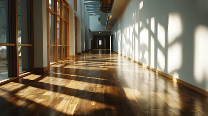 Clean hallway with wooden flooring natural sunlight modern architecture glass windows bright peaceful empty interior design