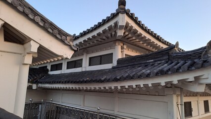 traditional korean hanok roof detail with decorative tile and wooden eaves