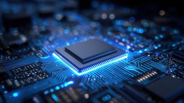 Stunning photo of concept CPU microchip for ai and data network. Close-up view of modern chip gpu card with circuit blue neon lights.