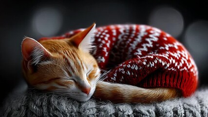 A cozy cat bundled in a festive red sweater, peacefully sleeping on a soft gray blanket, embodying the warmth and comfort of winter, showcasing adorable feline charm and tranquility.