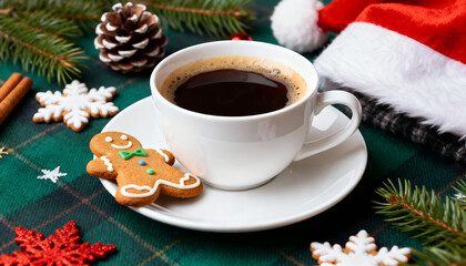 Cup of coffee with gingerbread cookie on saucer. Cozy holiday morning.