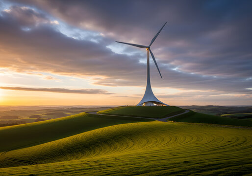 Modern wind turbine on rolling green hills at sunset with dramatic sky
