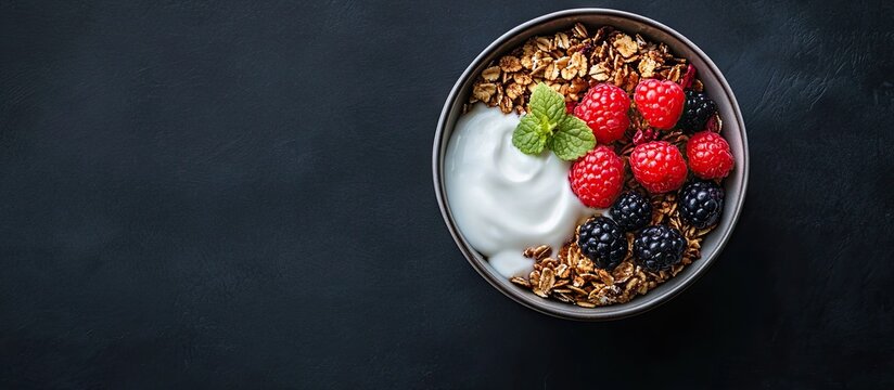 A dramatic overhead shot of a yogurt bowl loaded with mixed fresh berries (blackberries, raspberries, blueberries) and golden granola on a black background - Powered by Adobe