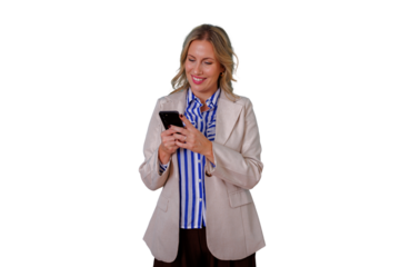 Professional woman smiling, communicating on smartphone, standing with transparent background