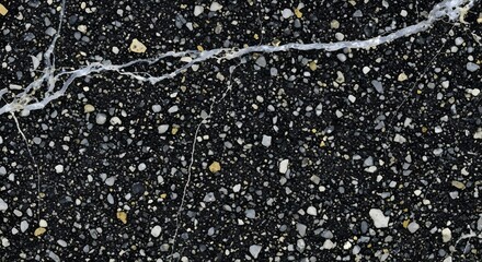 Black Terrazzo Texture: Capturing the intricate details of a dark terrazzo surface, with its speckled aggregate and a delicate white vein that crosses the surface.
