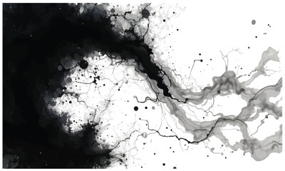 This monochrome abstract art features dynamic splashes and intricate patterns, creating a fluid and deep visual contrast against a stark black backdrop. 