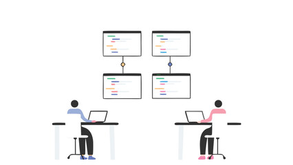 Diverse team of software developers collaborating around multiple digital screens illustrating teamwork and innovation in a modern tech environment with vibrant colors and clear communication